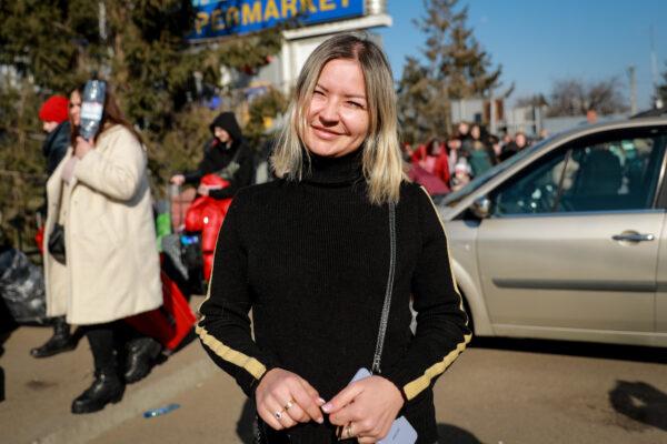 Valeriya Batalova at the border crossing into Medyka, Poland, from western Ukraine, on March 14, 2022. (Charlotte Cuthbertson/The Epoch Times)