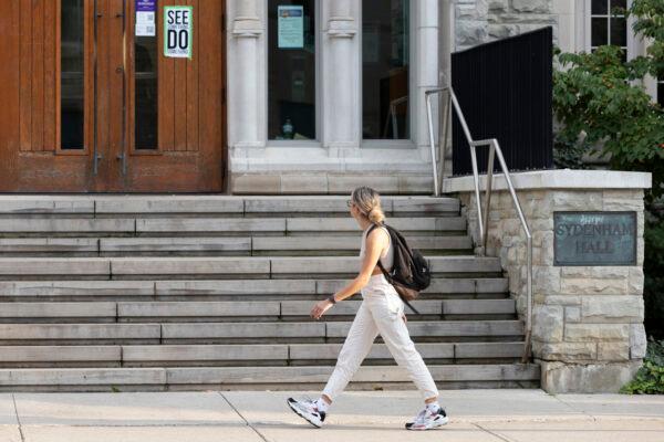 A student walks past Sydenham Hall on the Western University campus in London, Ont. on Sept. 15, 2021. (The Canadian Press/Nicole Osborne)