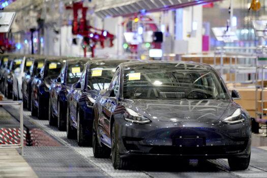 Tesla's China-made Model 3 vehicles are seen during a delivery event at its factory in Shanghai, on Jan. 7, 2020. (Aly Song/Reuters)