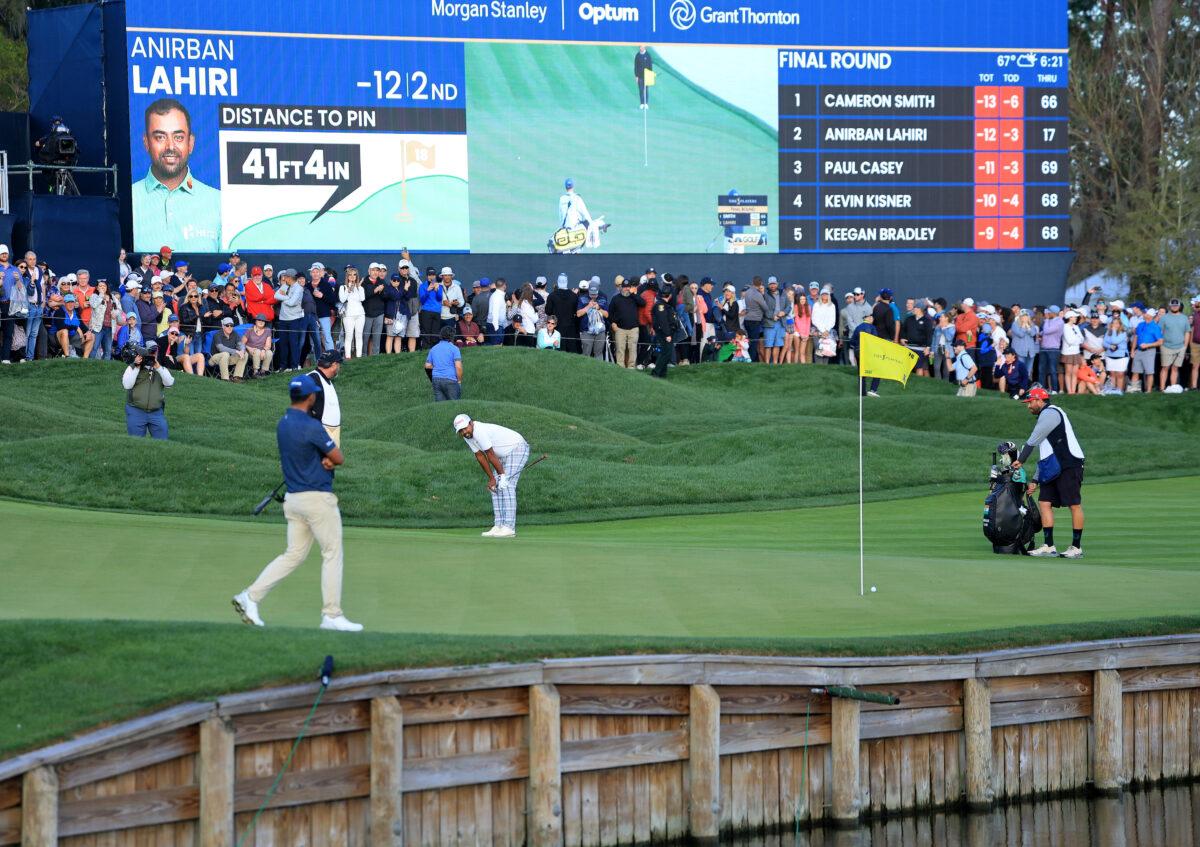 Anirban Lahiri of India reacts as his chip to force a play off just stays out of the hole on the par 4, 18th hole the final round of THE PLAYERS Championship at TPC Sawgrass, in Ponte Vedra Beach, Flor., on March 14, 2022. (David Cannon/Getty Images)