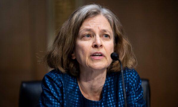 Sarah Bloom Raskin, nominee to be vice chair for banking supervision and a member of the Federal Reserve Board of Governors, speaks during the Senate Banking, Housing, and Urban Affairs Committee confirmation hearing in Washington, on Feb. 3, 2022. (Bill Clark/Pool/AFP via Getty Images)