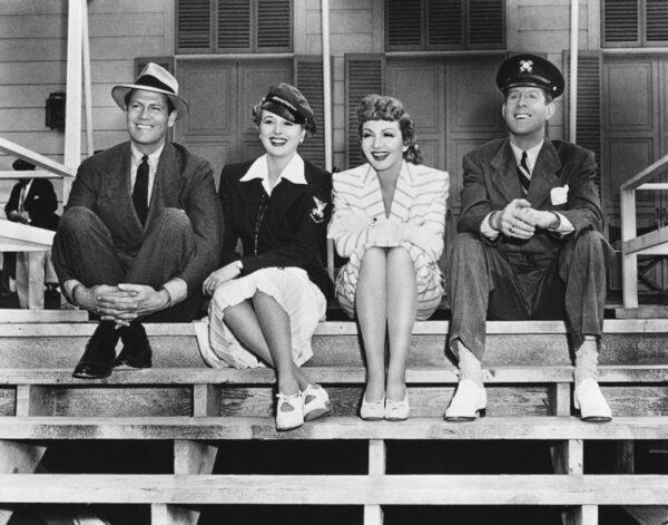 The stars of “The Palm Beach Story” (1942), (L–R) Joel McCrea, Mary Astor, Claudette Colbert, and Rudy Vallée. (Public Domain)
