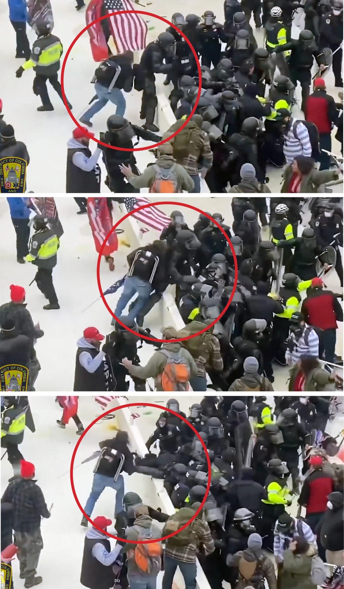 A man identified by prosecutors as Ralph J. Celentano III blindsided a U.S. Capitol Police officer on the Capitol's West Terrace on Jan. 6, 2021. (DC Fire and EMS YouTube/Screenshots and graphic via The Epoch Times)