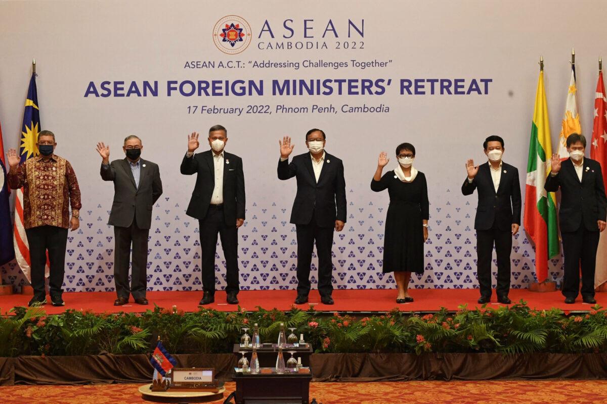  Foreign ministers of the Association of Southeast Asian Nations (ASEAN) pose for a group photo during the ASEAN Foreign Ministers' Retreat in Phnom Penh, Cambodia, on Feb. 17, 2022. (Tang Chhin Sothy/AFP via Getty Images)