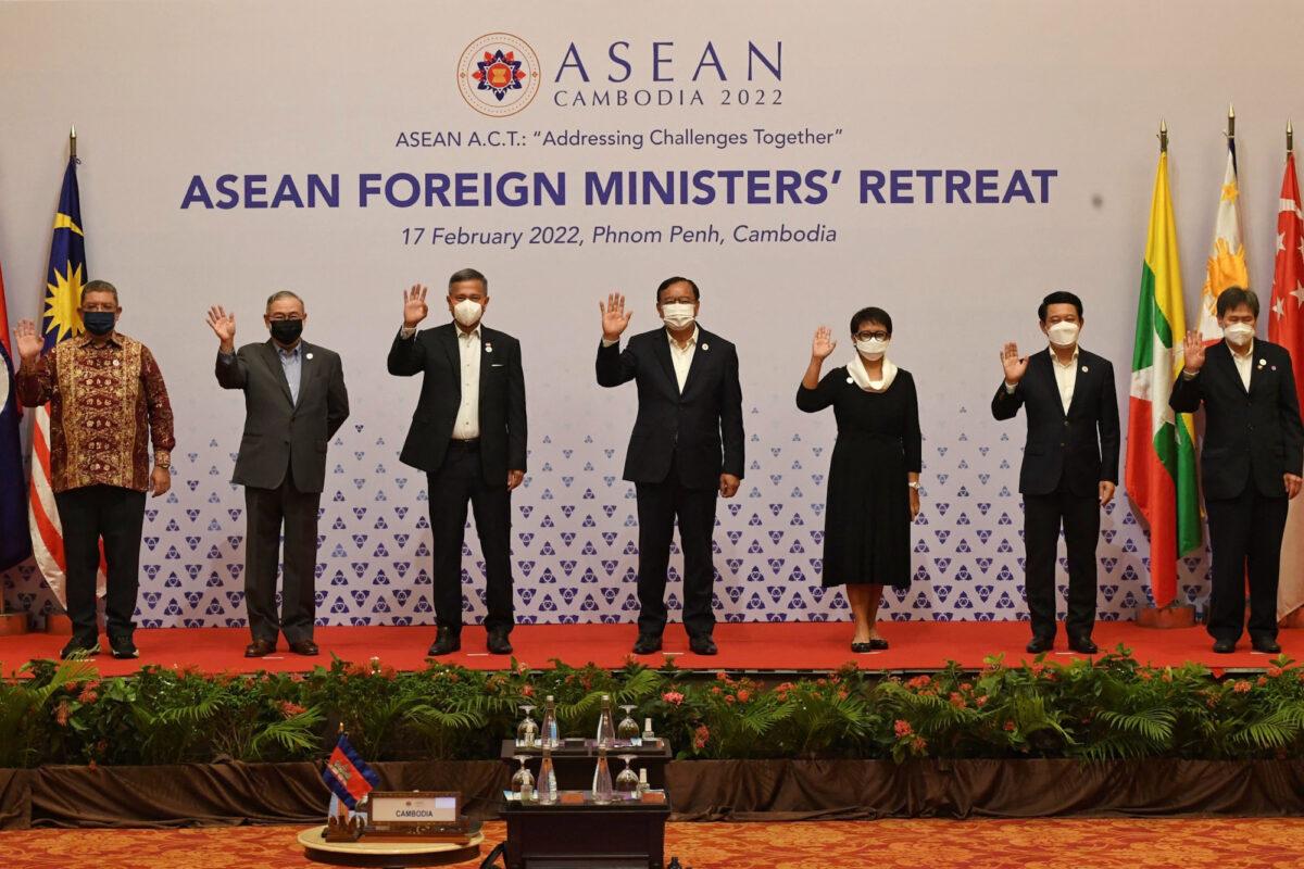 Foreign ministers of the Association of Southeast Asian Nations (ASEAN) pose for a group photo during the ASEAN Foreign Ministers' Retreat in Phnom Penh, Cambodia, on Feb. 17, 2022. (Tang Chhin Sothy/AFP via Getty Images)