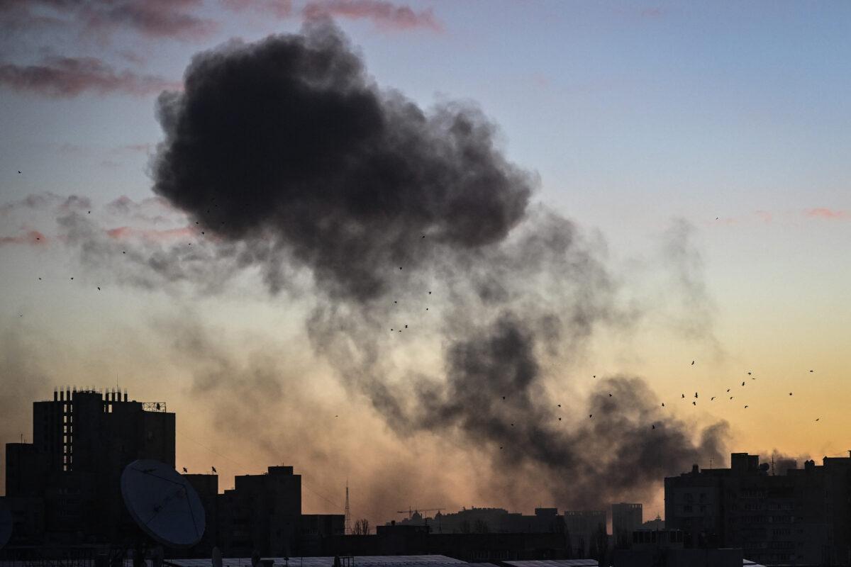 Smoke from an explosion in Kyiv on March 16, 2022. (Aris Messinis/AFP via Getty Images)
