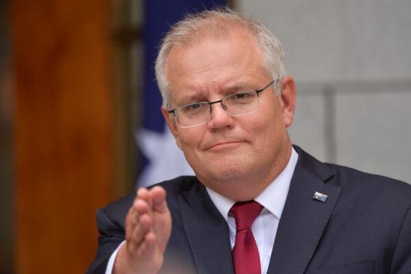 Prime Minister Scott Morrison during a press conference approving a Pfizer vaccine at Parliament House in Canberra, Australia on Feb. 4, 2021. (Sam Mooy/Getty Images)