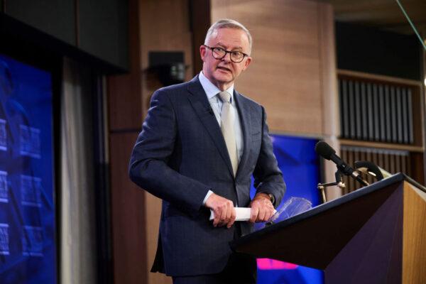 Anthony Albanese speaks at the National Press Club in Canberra, Australia, on Jan. 25, 2022. (Rohan Thomson/Getty Images)