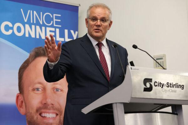Prime Minister Scott Morrison addresses attendees at a multicultural community awards at Herb Graham Recreation Centre in Perth, Australia, on March 15, 2022. (Paul Kane/Getty Images)