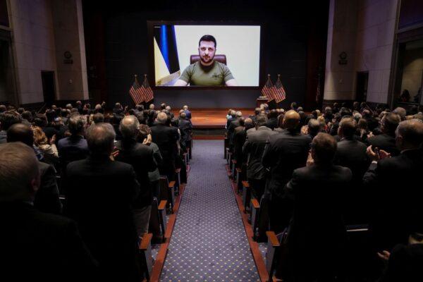 Ukrainian President Volodymyr Zelensky delivers a virtual address to Congress at the U.S. Capitol in Washington, on March 16, 2022. (Drew Angerer/Getty Images)