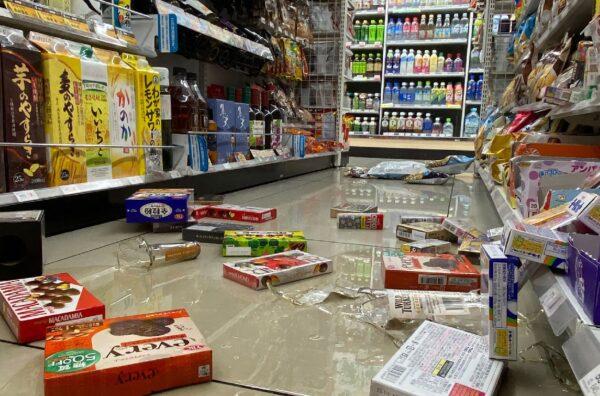 Items lie on the ground at a convenience store in Sendai, Miyagi prefecture, on March 16, 2022, after a magnitude 7.4 earthquake shook eastern Japan. (Jiji Press/AFP via Getty Images)