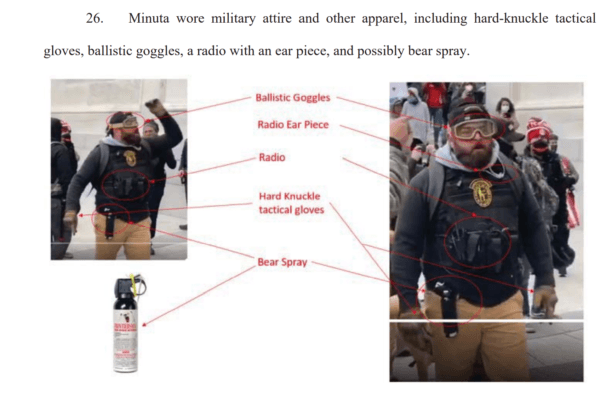 Screenshot from the Feb. 24, 2021, complaint against Roberto Minuta showing details of what is repeatedly described as the "military attire" he wore to the Capitol Building on Jan. 6, 2021. (United States District Court of the District of Columbia Criminal Complaint 1:2-mj-00260)