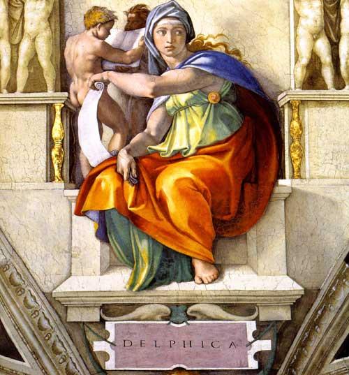Delphic Sibyl, 1508–1512, by Michelangelo Buonarroti. Fresco; 155 5/8 inches by 149 5/8 inches. Sistine Chapel, Rome. (Public Domain)