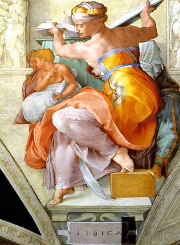 Libyan Sibyl, 1508–1512, by Michelangelo Buonarroti. Fresco; 155 5/8 inches by 149 5/8 inches. Sistine Chapel, Rome. (Public Domain)