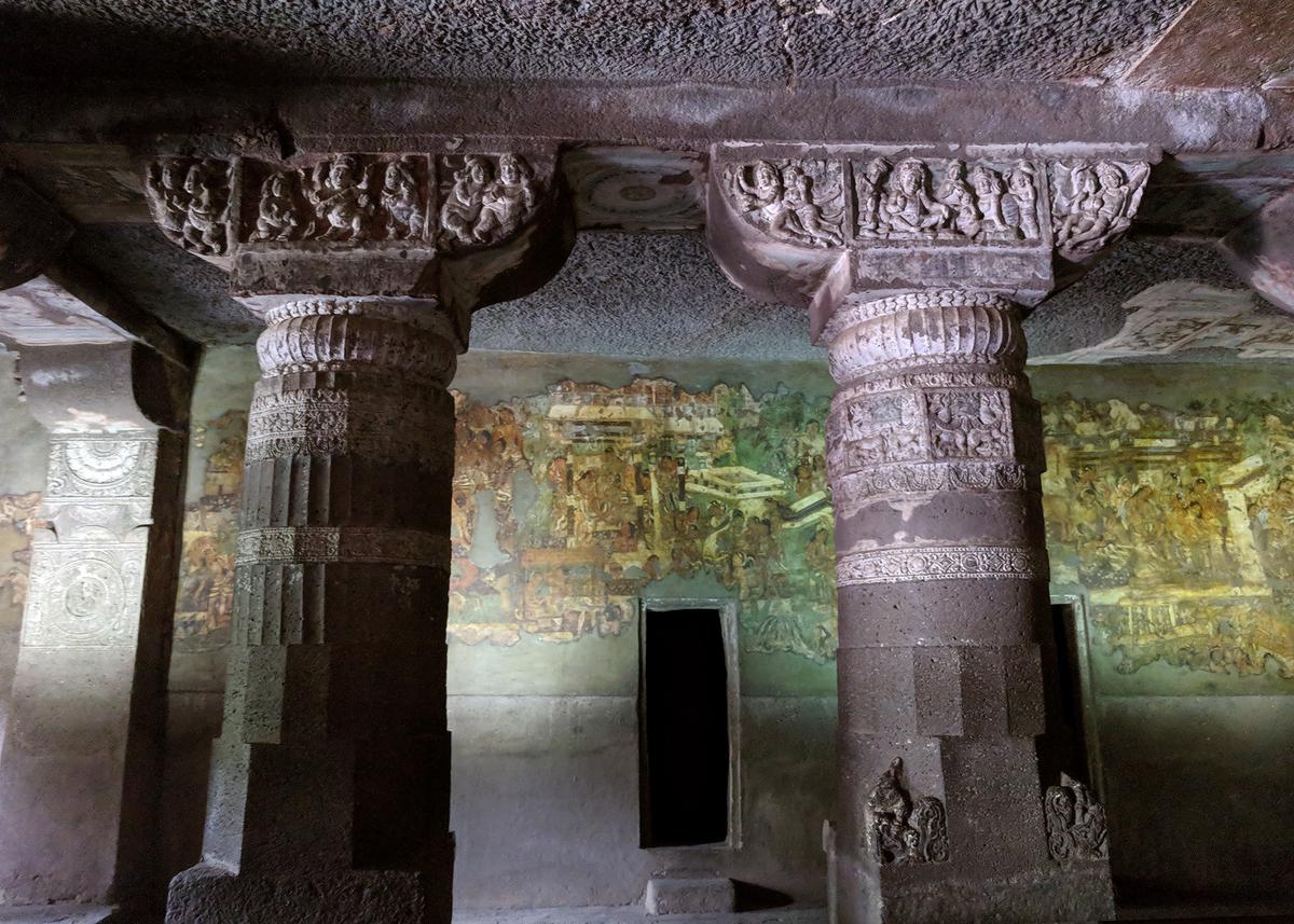 Cave 1 at Ajanta wasn't the first built, as the name may imply. The caves started centrally and worked out to the left and right. From the fifth century B.C., Cave 1 has been known for its murals of episodes in Buddha’s life and his previous existence as a Bodhisattva. The intricate columns are among the finest and most minutely detailed in the whole complex. (Vengolis/ CC BY-SA 4.0) )