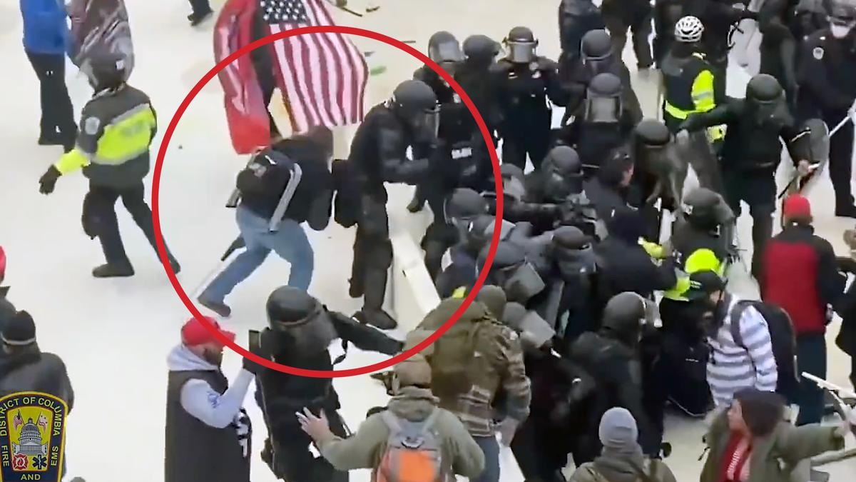 Ralph J. Celentano III, 54, of Broad Channel, New York, is accused of knocking a police officer over a barrier at the U.S. Capitol on Jan. 6, 2021. (DC Fire and EMS YouTube/Screenshot via The Epoch Times)