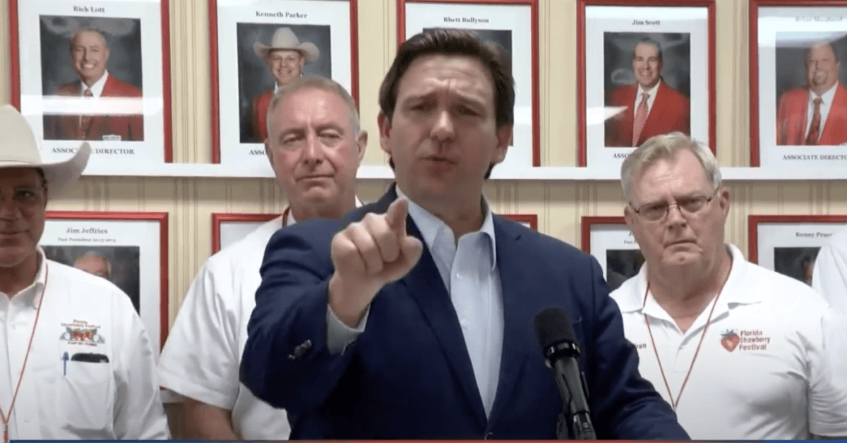 Fla. Gov. Ron DeSantis reacts during a press conference on March 7 in Plant City to a reporter who referred to the Parental Rights in Education bill as the "Don't Say Gay" bill in his question. (Courtesy of The Florida Channel)