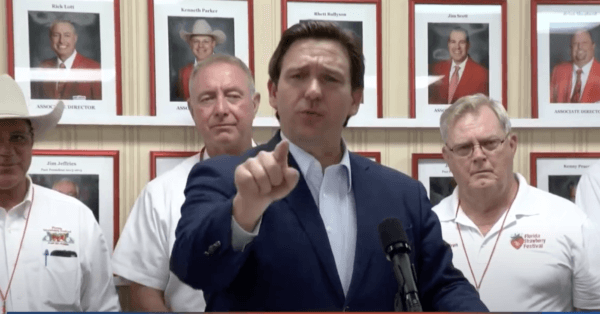 Florida Gov. Ron DeSantis, a Republican, reacts to a reporter who referred to the Parental Rights in Education bill as the "Don't Say Gay Bill" during a press conference on March 7, 2022, in Plant City, Fla. (Screenshot via The Florida Channel)