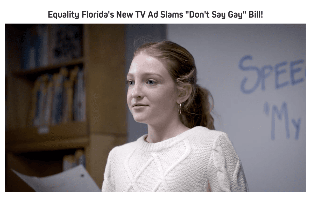 Equality Florida has created this TV ad to run in opposition what the group calls the "Don't Say Gay" bill. (Eqfl.org)