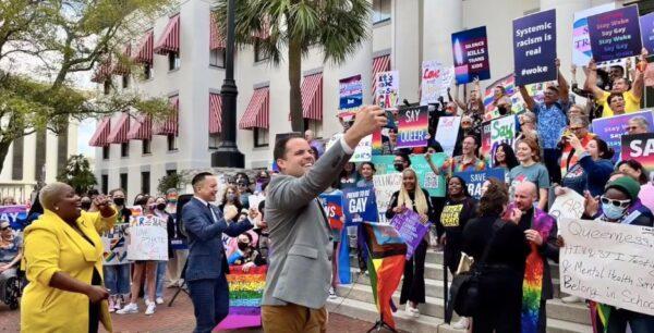 Protesters gather at Florida's Capitol in Tallahassee on March 7 to speak out against the Parental Rights in Education bill. (Kevin Cho Tipton via Storyful)