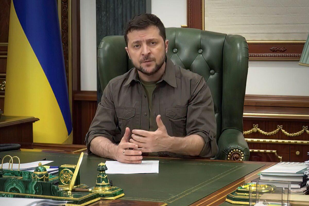 In this image from video provided by the Ukrainian Presidential Press Office and posted on Facebook, Ukrainian President Volodymyr Zelenskyy speaks from Kyiv, Ukraine, on March 16, 2022. (Ukrainian Presidential Press Office via AP)