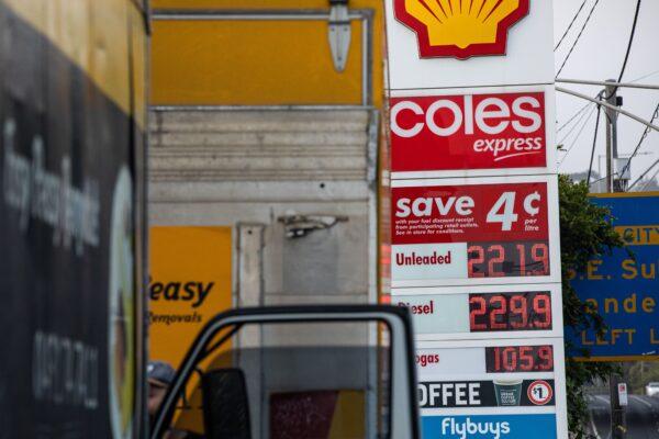 Fuel prices are listed on a fuel price board at a petrol station in Melbourne, Australia, on March 14, 2022. (AAP Image/Diego Fedele)