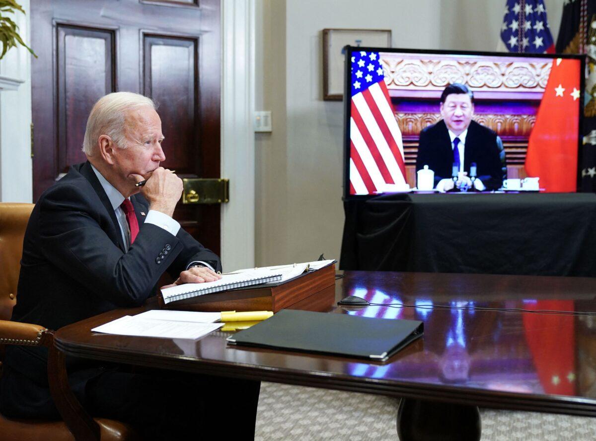 President Joe Biden meets with Chinese leader Xi Jinping during a virtual summit from the Roosevelt Room of the White House in Washington on Nov. 15, 2021. (Mandel Ngan/AF/Getty Images)