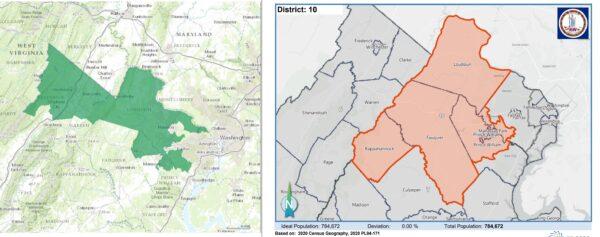 (Left) The 10th Congressional District in Virginia, 2013 - 2021. (Source: U.S. Department of Interior); (Right) The new 10th Congressional District in Virginia for the 2022 midterm elections. (Source: Supreme Court of Virginia)