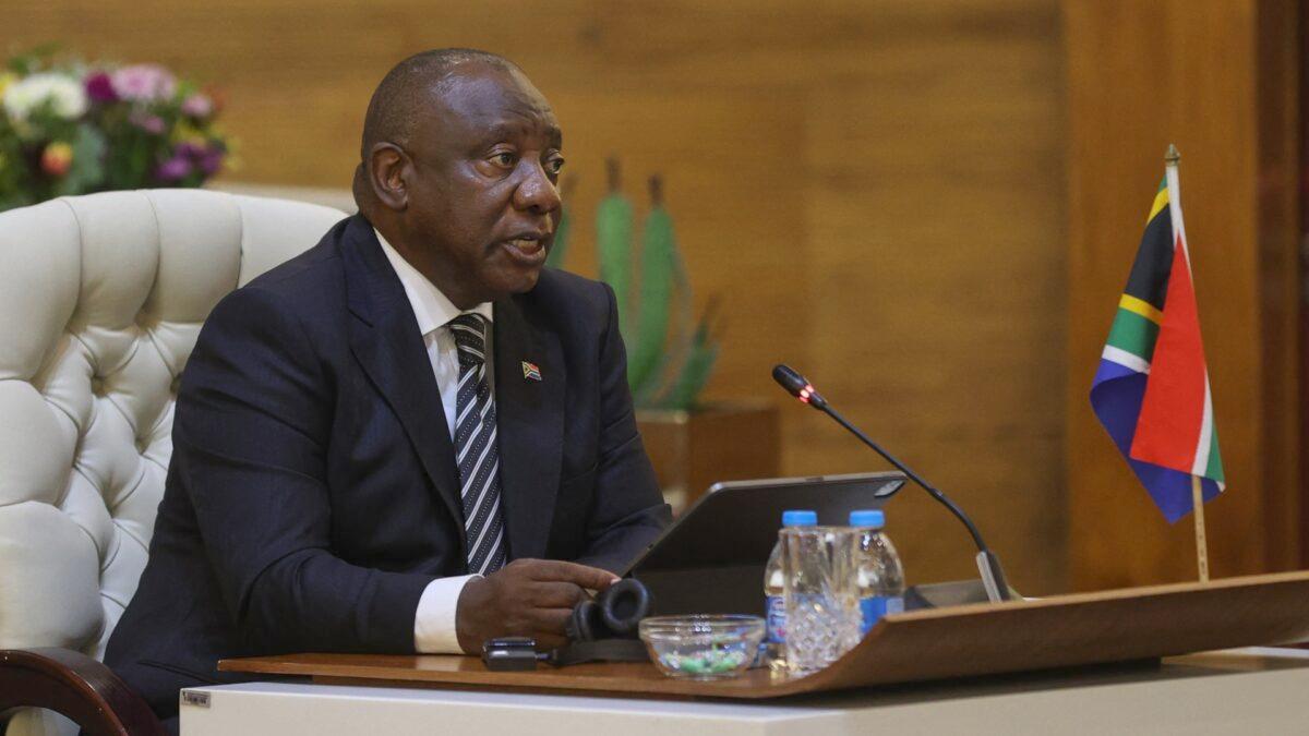 South Africa's President Cyril Ramaphosa delivers remarks at the Department of International Relations and Cooperations in Pretoria on March 10, 2022. (Phill Magakoe/AFP via Getty Images)