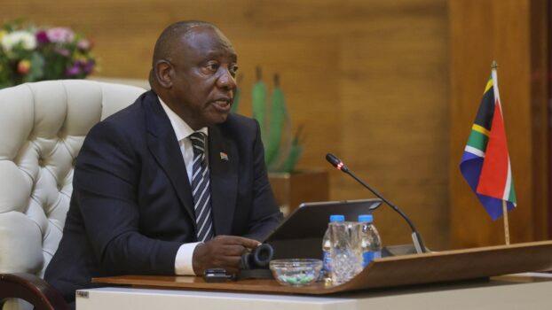 South African President Cyril Ramaphosa delivers his opening remarks at the Department of International Relations and Cooperations (DIRCO) OR Tambo Building in Pretoria, South Africa, on March 10, 2022. (Phill Magakoe/AFP via Getty Images)