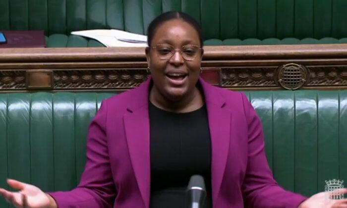 Shadow equalities minister Taiwo Owatemi speaks in Parliament in Westminster, London, on March 17, 2022. (House of Commons/Screenshot/The Epoch Times)