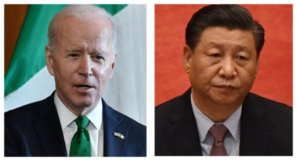 (L) President Joe Biden speaks during the annual St. Patrick's Day luncheon on Capitol Hill in Washington, on March 17, 2022. (Nicholas Kamm/AFP via Getty Images); (R) Chinese leader Xi Jinping in Beijing, on March 4, 2021. (Leo Ramirez/AFP via Getty Images)