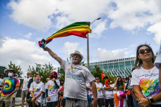 Members and supporters of the LGBTQ community voiced their concerns over Florida's legislation at the "Say Gay Anyway" rally in Miami Beach, on March 13, 2022. (Photo by Chandan Khanna/AFP via GettyImages)