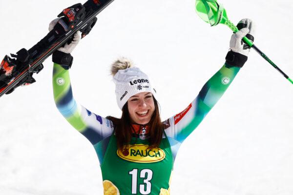 Slovenia's Andreja Slokar celebrates after winning the women's slalom at FIS Alpine Ski World Cup in Meribel, France, on March 19, 2022. (Christian Hartmann/Reuters)