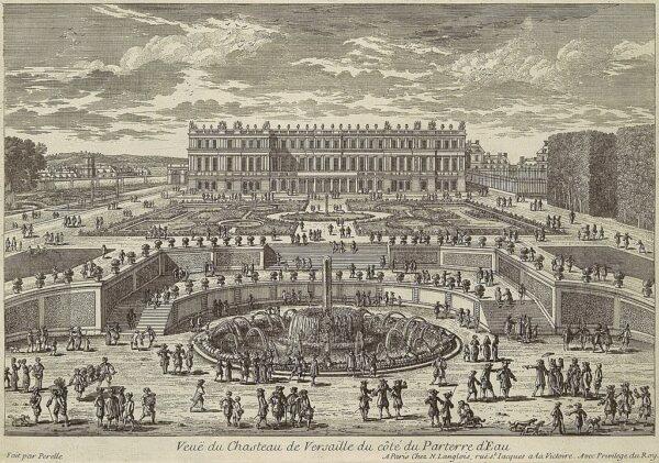 Illustration by Adam Pérelle of the Versailles garden area as completed around 1674; people were encouraged to obey the "etiquettes," or little warning signs to keep off the grass. Metropolitan Museum of Art. (Public Domain)