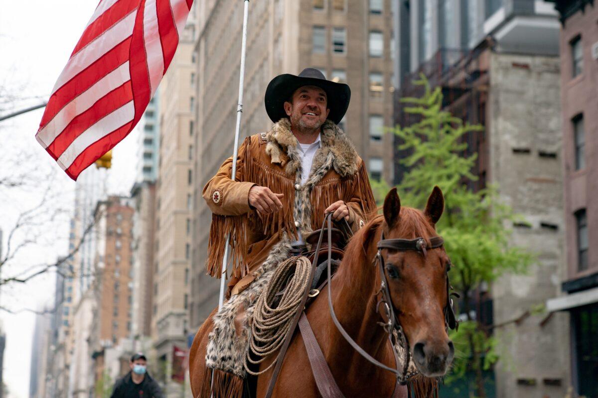 Couy Griffin, co-founder of Cowboys for Trump, rides a horse in New York City on May 1, 2020. (Jeenah Moon/Getty Images)