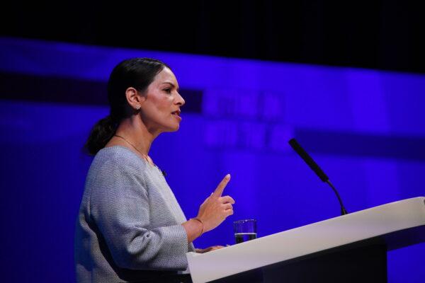 Home Secretary Priti Patel addresses Tory activists in Blackpool, England, on March 19, 2022. (Peter Byrne/PA)
