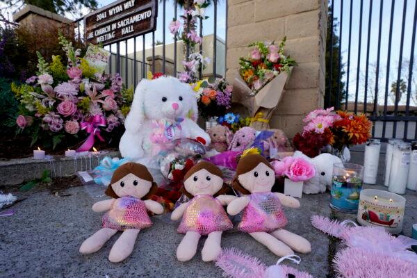 A memorial for the three young girls, who were slain by their father, David Mora, is seen outside The Church in Sacramento in Sacramento Calif., on March 1, 2022. (Rich Pedroncelli/AP Photo)