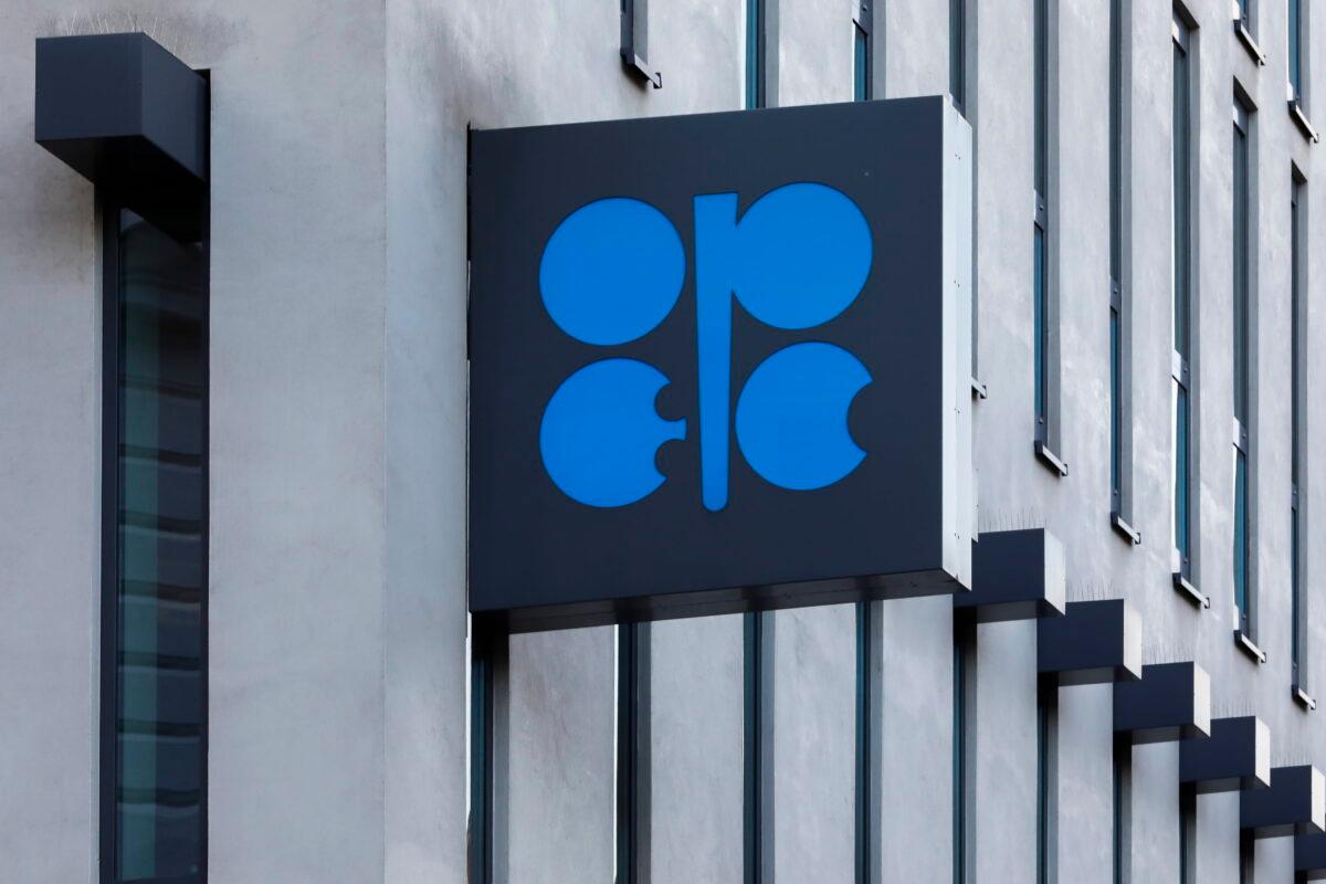 The logo of the Organization of the Petroleum Exporting Countries (OPEC) is seen outside of OPEC's headquarters in Vienna, Austria, on March 3, 2022. (Lisa Leutner/AP Photo)