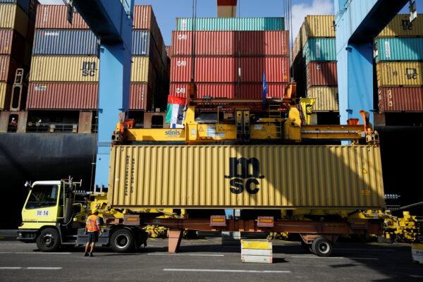 South African authorities have recently focused on vessels belonging to the Mediterranean Shipping Co., pictured in a file photo in the Israeli port of Haifa, on Oct.12, 2020. (Amir Cohen/Reuters)