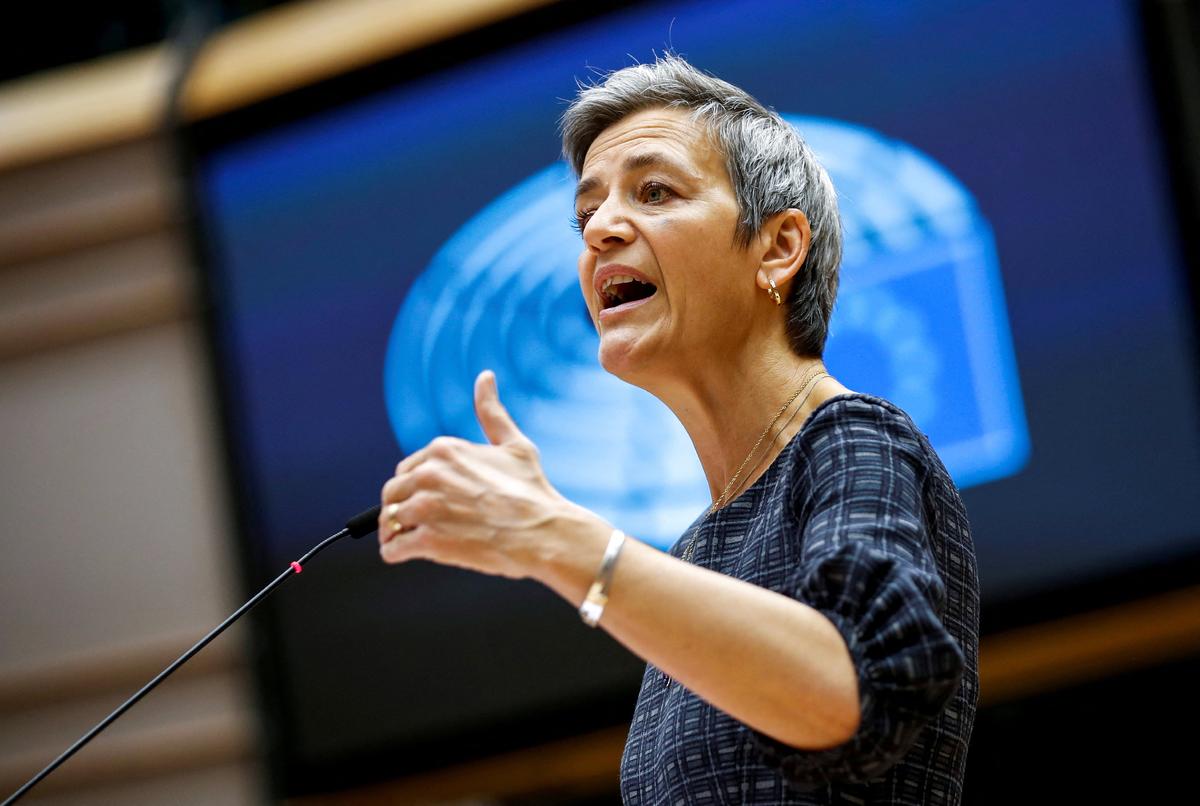 European Commission Vice President Margrethe Vestager addresses EU lawmakers during a plenary debate on industrial strategy for Europe at the European Parliament in Brussels, Belgium, May 18, on 2021. (Francisco Seco/ via Reuters)