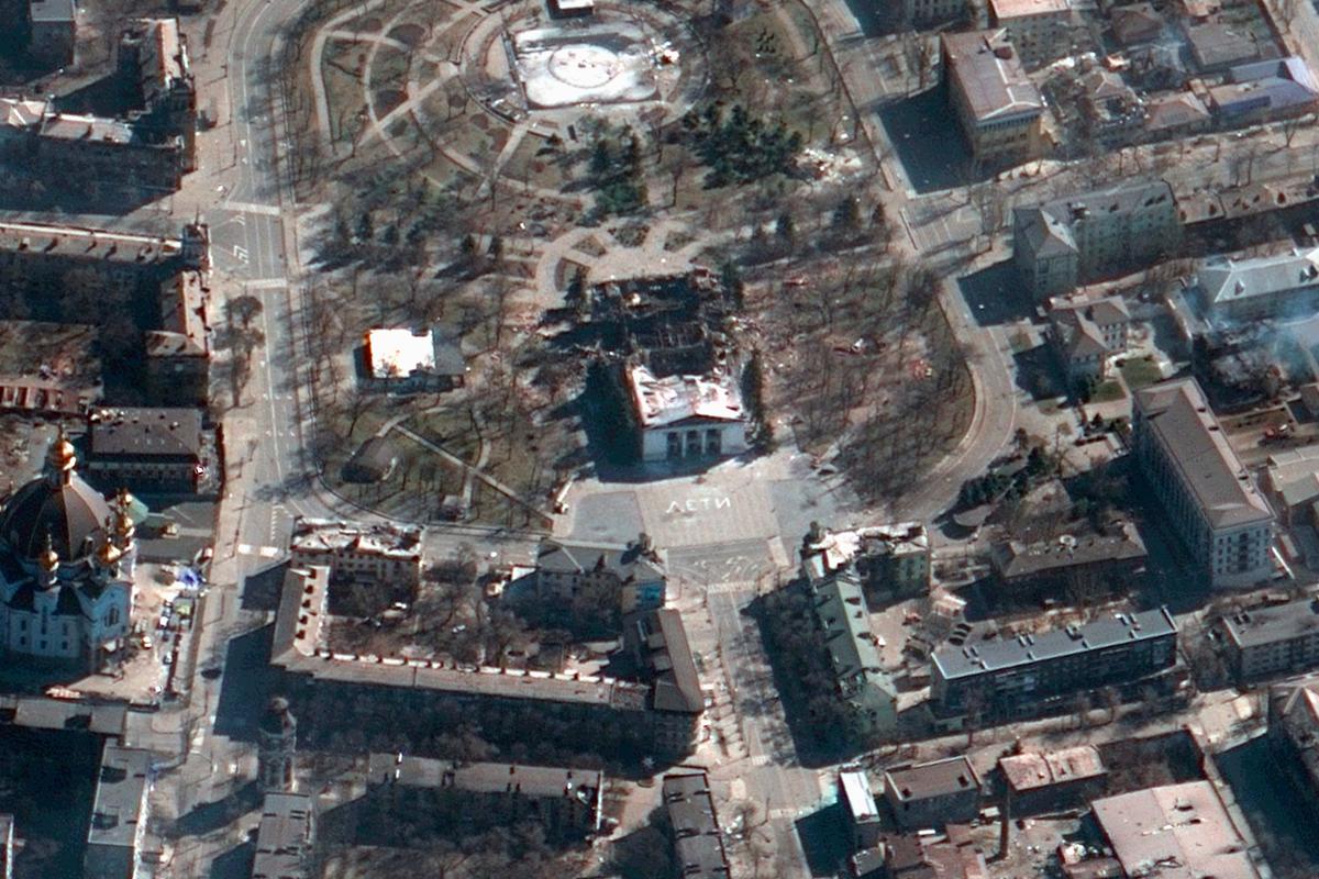 The aftermath of the airstrike on the Mariupol Drama theater, Ukraine, and the area around it, on March 19, 2022. (Satellite image ©2022 Maxar Technologies via AP)