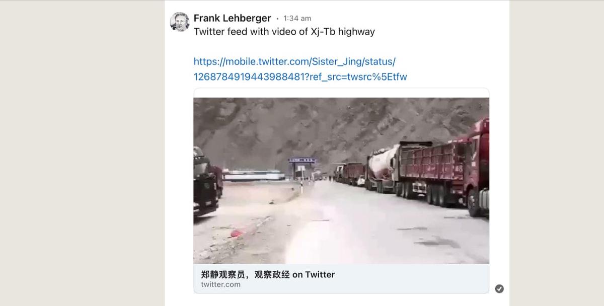 A place called Hongliutan, north of Aksai Chin on G219 in Xinjiang just before the Galwan clash between India and China on June 15, 2020. The Chinese trucks are all traveling in the direction of Tibet. The screenshot of the video posted by a Chinese netizen was taken by Frank Lehberger then. The video was later deleted. (Courtesy Frank Lehberger)