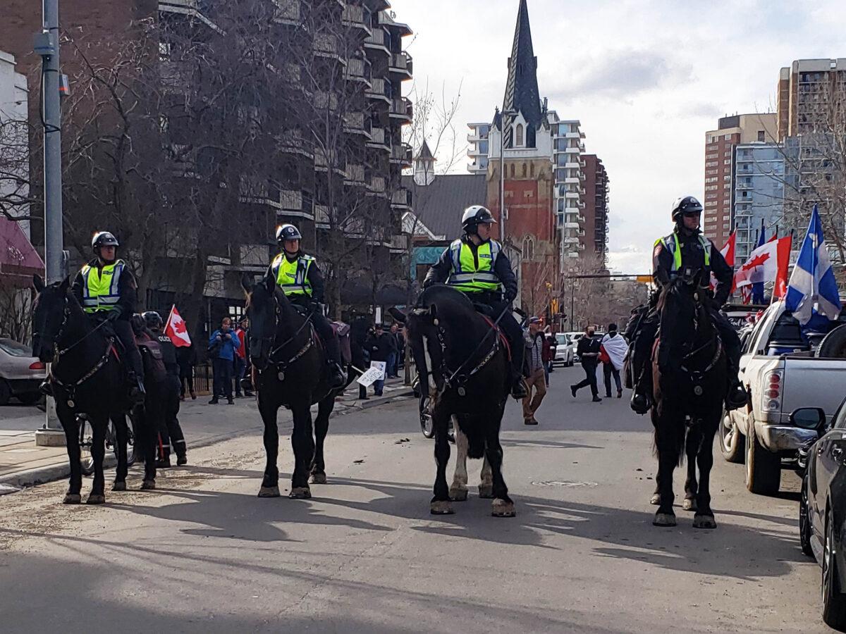 Mounted police officers advance on demonstrators, forcing them to vacate an area of Central Memorial Park in the Beltline neighbourhood south of downtown Calgary on March 19, 2022. (Michael Wing/The Epoch Times)