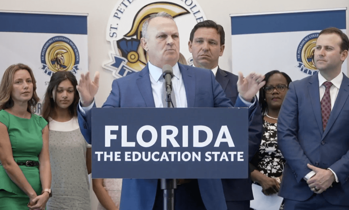 Florida Commissioner of Education Richard Corcoran speaks at a press conference in St. Petersburg, Fla., on March 15, 2022. (The Florida Channel/Screenshot via The Epoch Times)