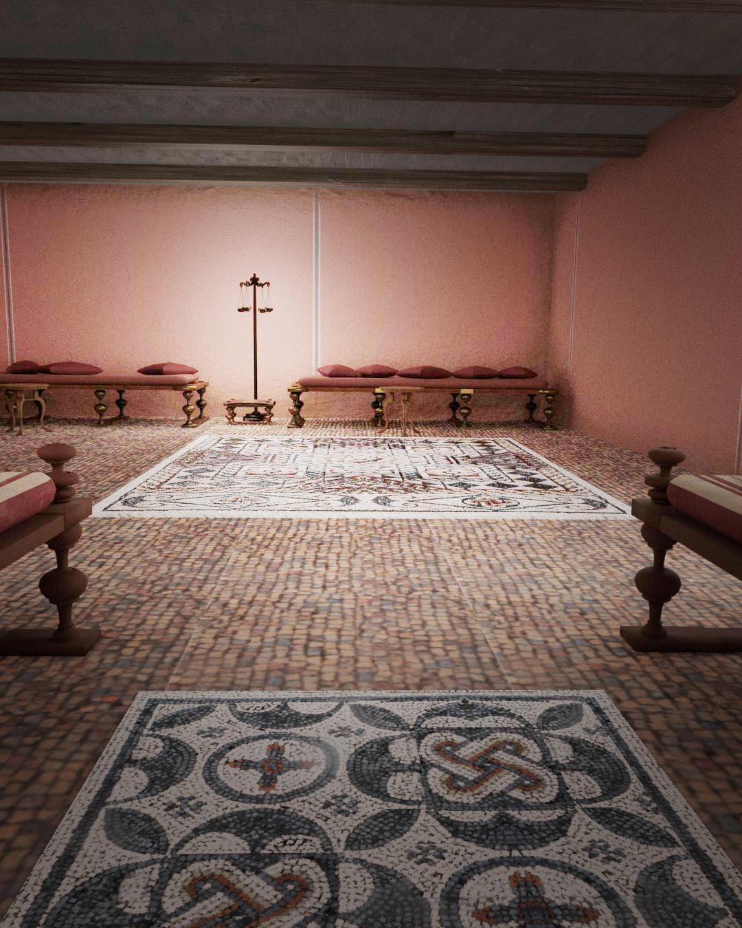 A 3D reconstruction of the mansio and mosaic shows reclining furniture. (Courtesy of <a href="https://www.mola.org.uk/">MOLA</a>)