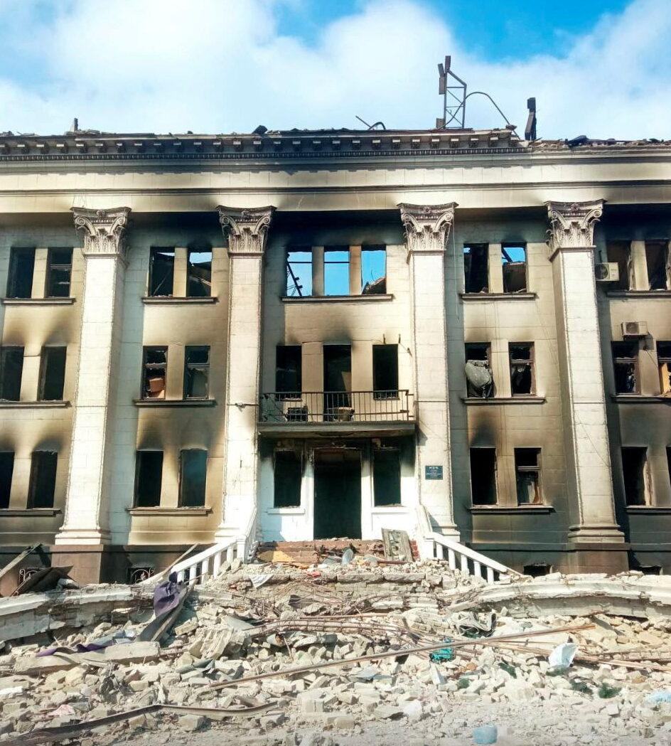 General view of the remains of the drama theatre which was reportedly hit by a bomb when hundreds of people were sheltering inside, in Mariupol, Ukraine, on March 18, 2022. (Azov/Handout via Reuters)