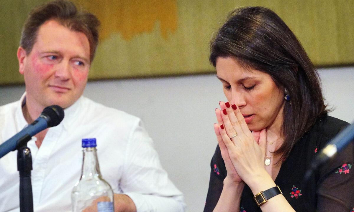 Nazanin Zaghari-Ratcliffe and Richard Ratcliffe during a press conference hosted by their local MP Tulip Siddiq, in the Macmillan Room, Portcullis House, London, on March 21, 2022. (Victoria Jones/PA Media)