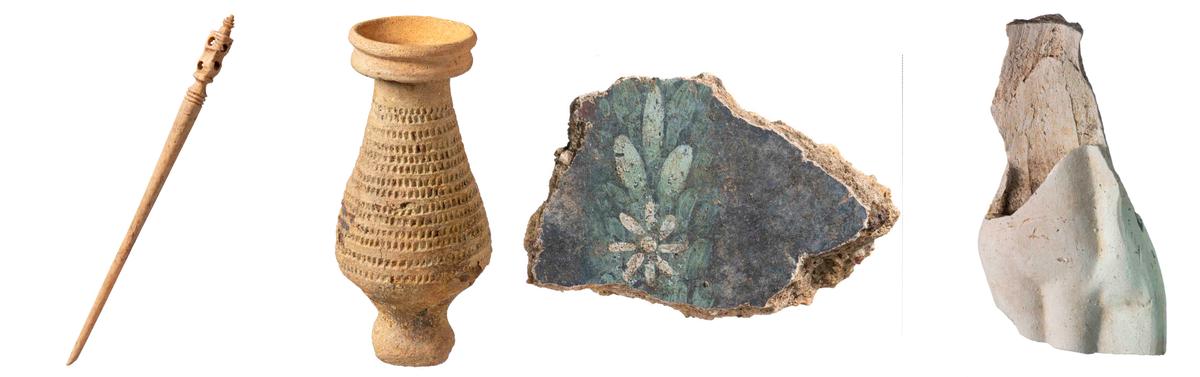 (L–R) Found during the excavations: Bone hairpin; Roman unguentarium (bottle for scented oils); early Roman decorated wall plaster; Venus figurine. (Courtesy of <a href="https://www.mola.org.uk/">MOLA</a>/Andy Chopping)