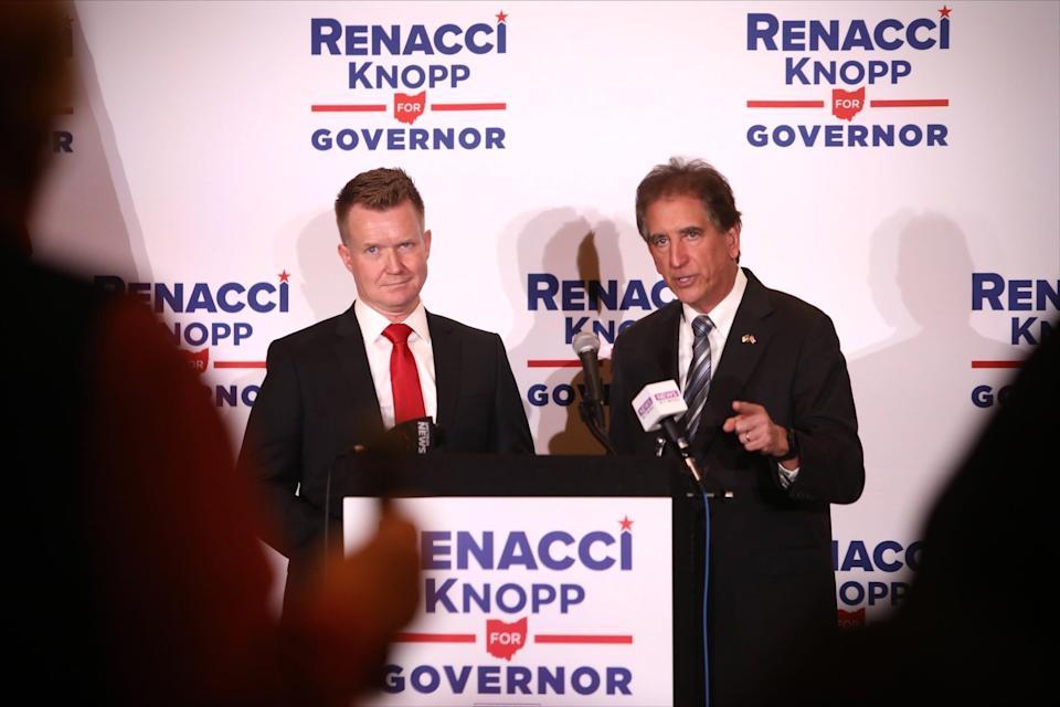 GOP gubernatorial candidate Jim Renacci introduces his running mate, filmmaker Joe Knopp, at an event in West Chester, Ohio in 2021. (Photo by Jeff Louderback)